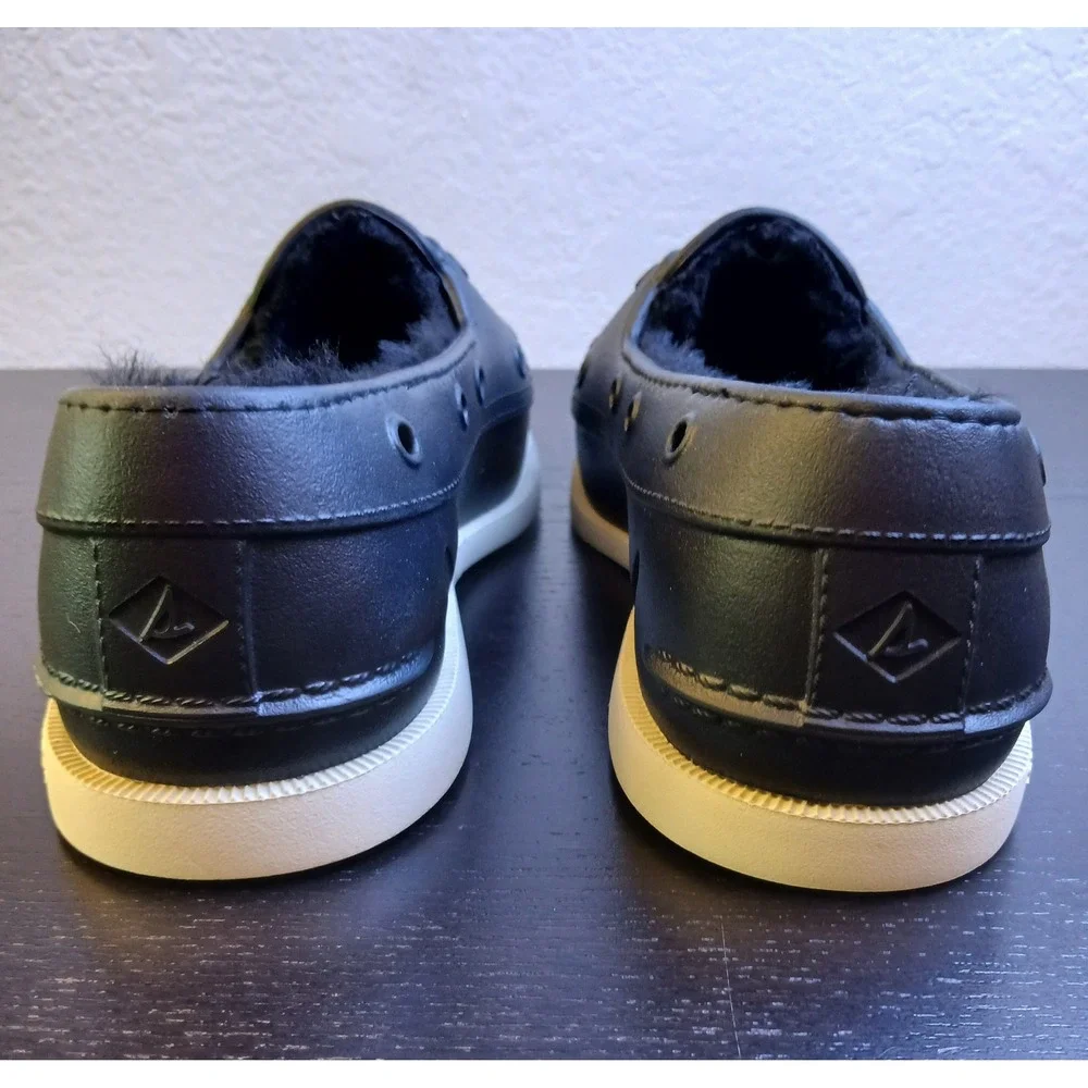 Sperry Mens Authentic Original Float Black Faux Fur Lined Boat Shoes fits mens 9
